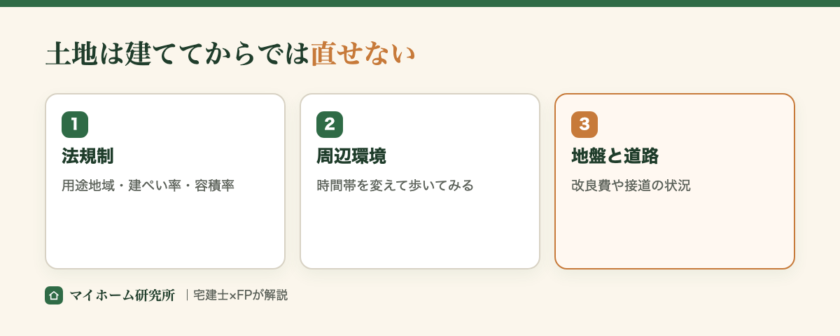 土地は買う前に法規制・周辺環境・地盤と道路の3つを確認する