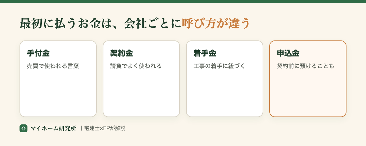 注文住宅で最初に払うお金の呼び方は会社ごとに違う（手付金・契約金・着手金・申込金）