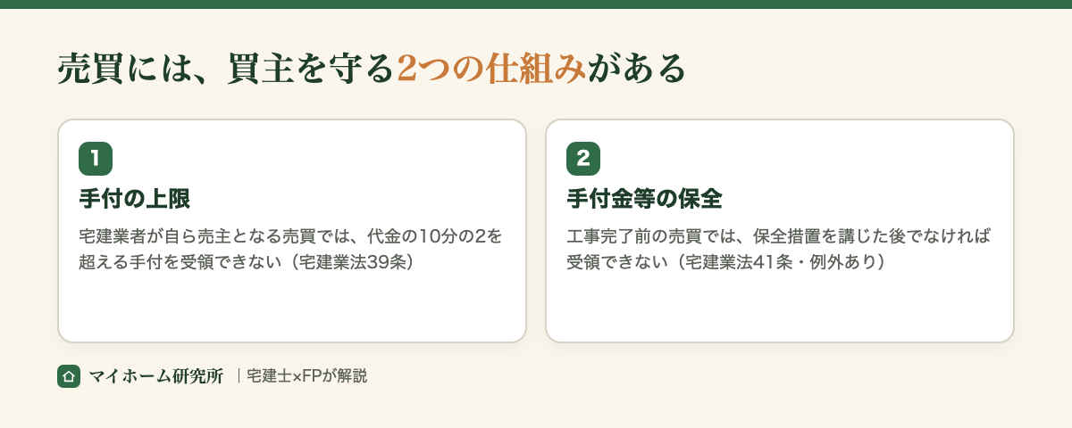 売買には買主を守る2つの仕組み。手付の上限（宅建業法39条）と手付金等の保全（同41条）